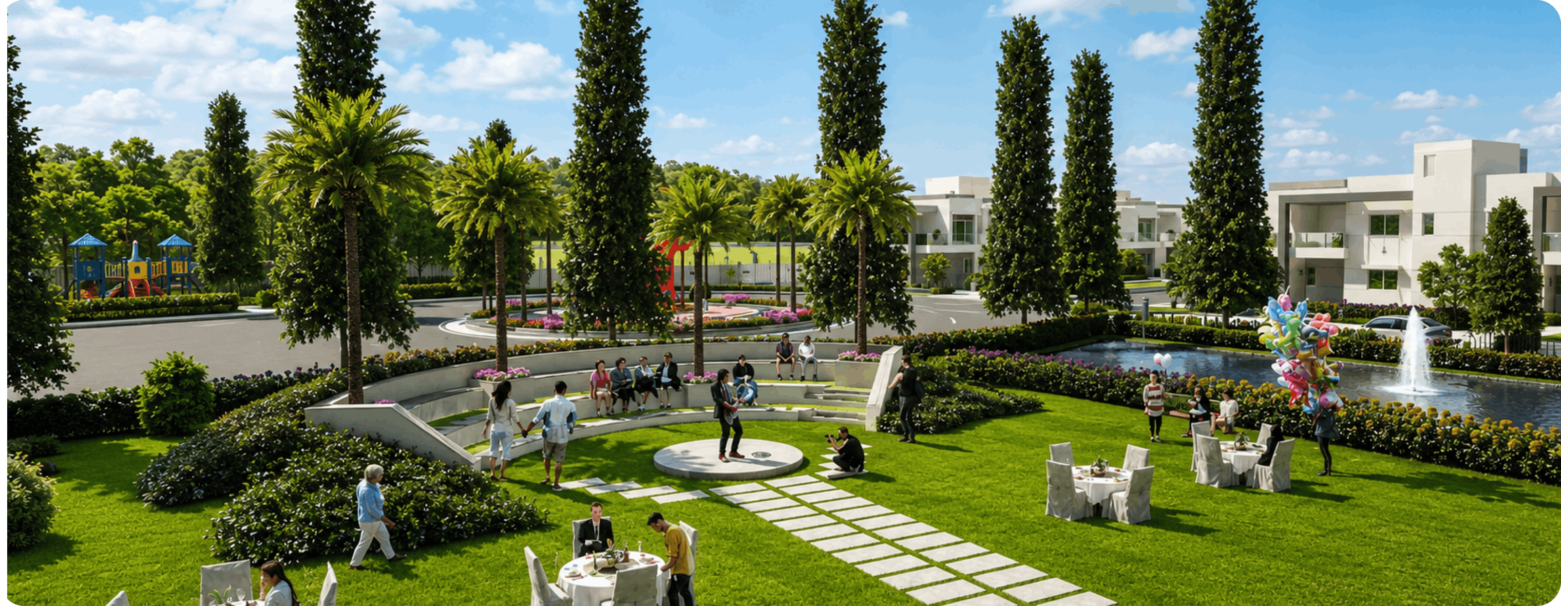 Multipurpose lawn and landscaped outdoor space at Mahidhara Fortune City